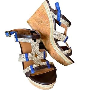 Lucky blue snakeskin & brown strappy open toe wedge sandals cork espadrilles 8.5